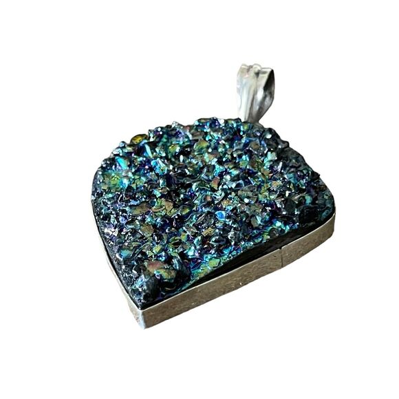 Sterling Silver Marked 925 Peacock Rainbow Colors Aura Druzy Quartz Pendant - Picture 3 of 7